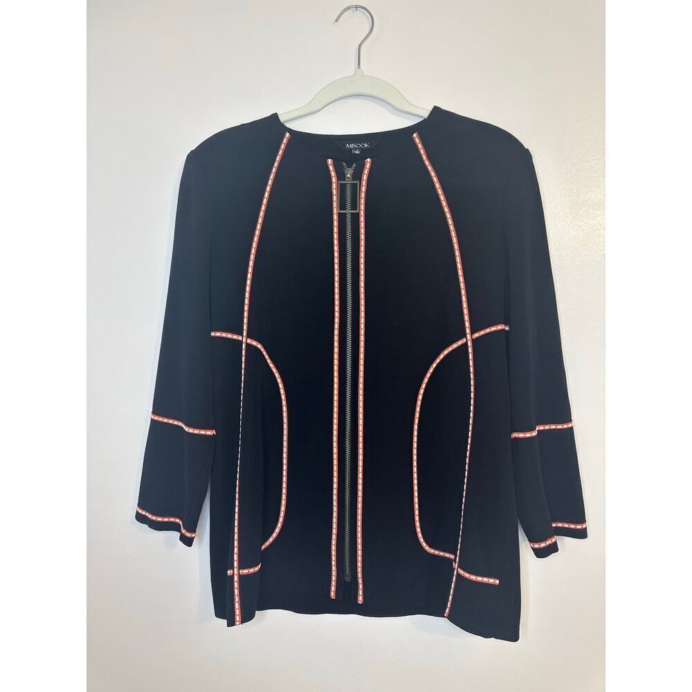 Misook Womens Black CoralZip 3/4 Length Knit Front Zip Career Jacket Size Small